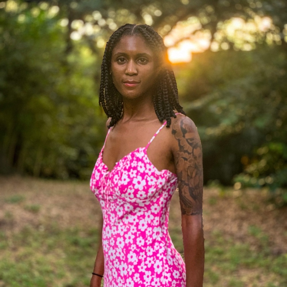 White flowers on pink slip dress